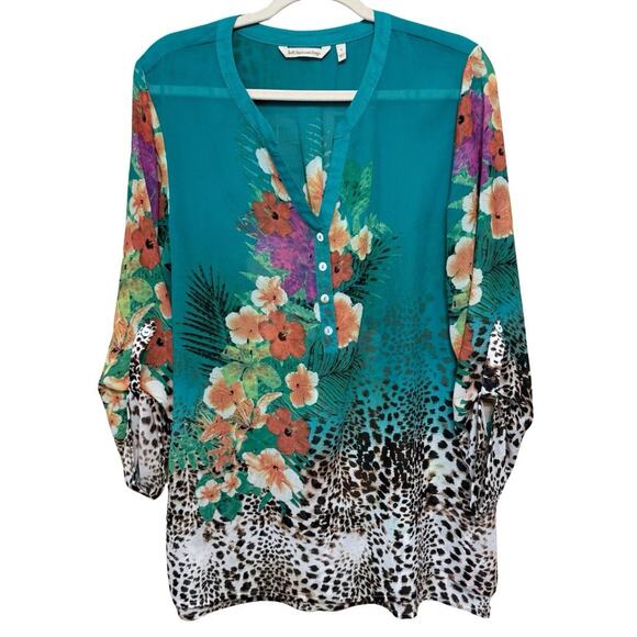 Soft Surroundings Georgette Tunic Top Size L Green Animal Print Roll Tab Sleeves - Picture 1 of 10